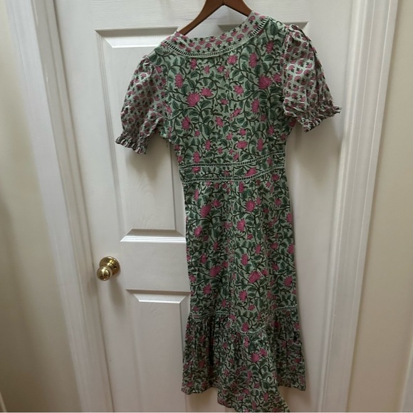 DRA Los angeles Floral Green Pink Dress maxi tiered short sleeve cotton s small - Picture 8 of 8